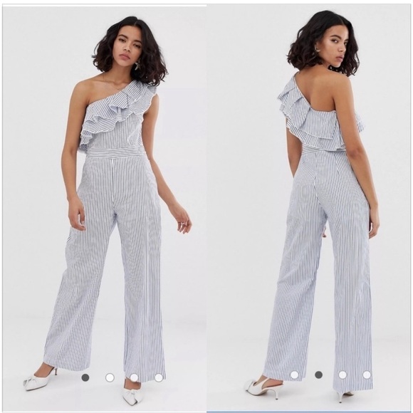 Lost Ink Pants - Lost Ink One-Shoulder Striped Jumpsuit. Size M